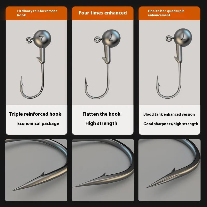 50-piece enhanced jig hook fishing set with weighted lead heads in primary colours