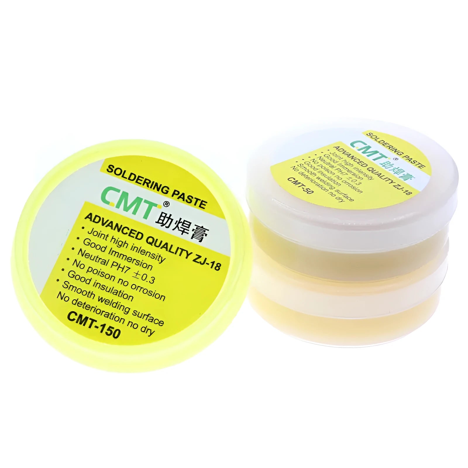 Two containers of rosin soldering flux paste for electric soldering irons: 50g and 85g formats