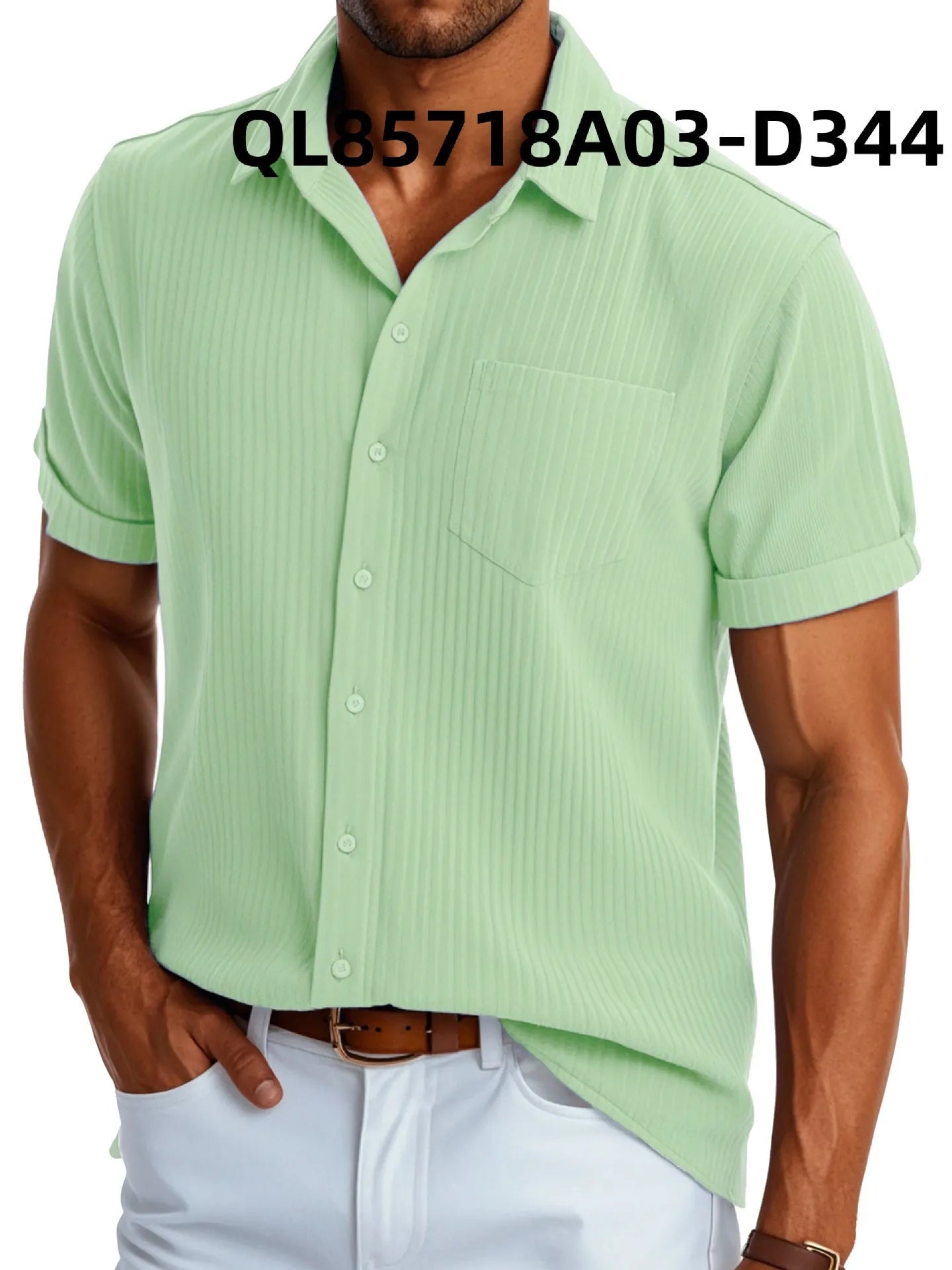 Men's loose fit short sleeve lapel shirt in printed polyester, shown in black line and white line colour options.