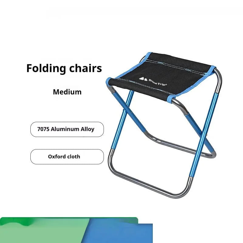 Black aluminium alloy folding camping stool in folded and unfolded positions