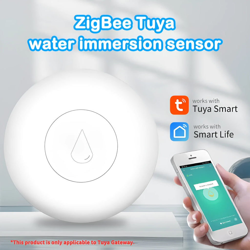 Wireless Zigbee water sensor with white PC housing, measuring 50mm by 17mm, for smart home flood detection.