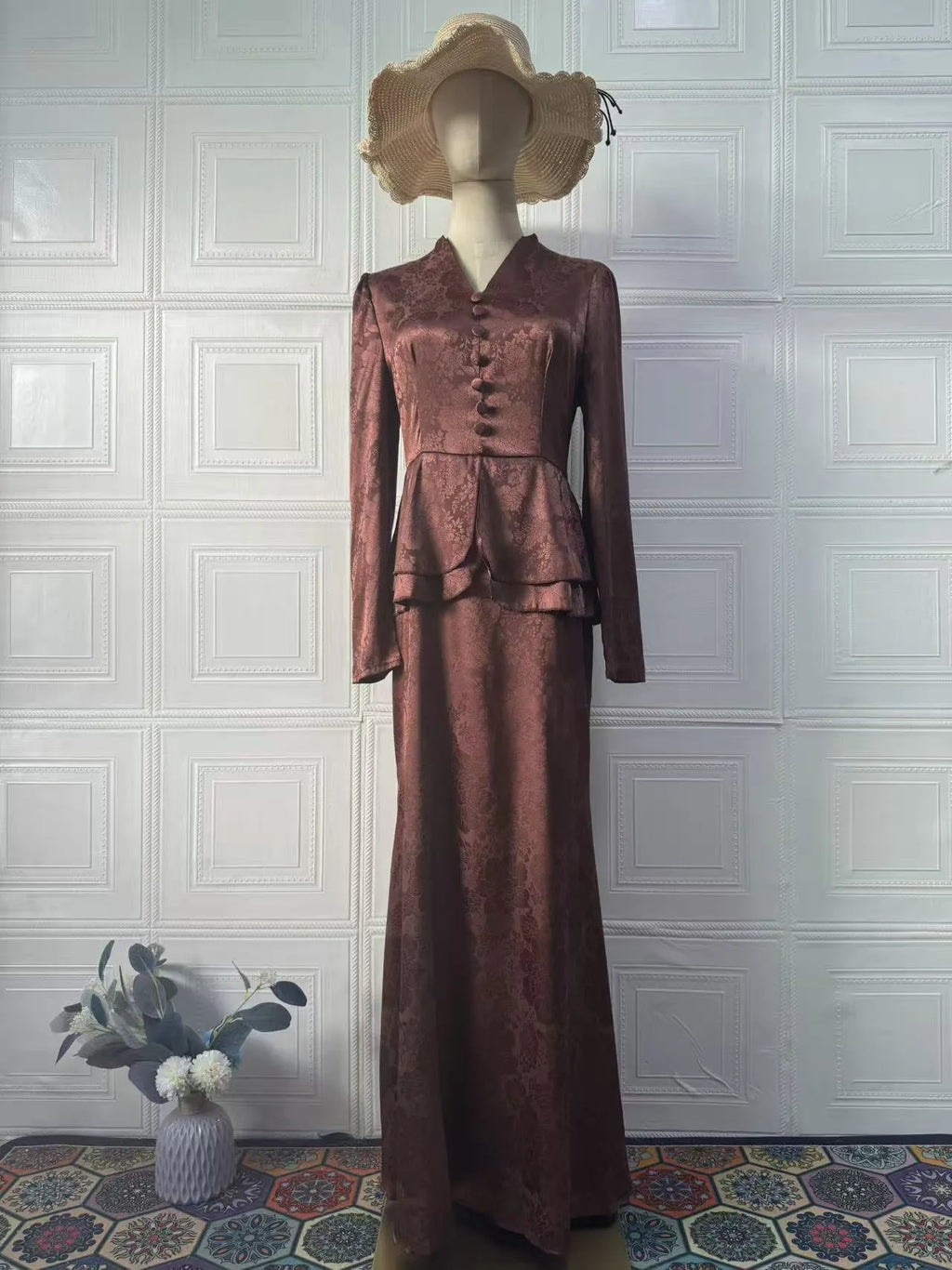 Dark brown artistic retro long sleeve dress with plant pattern and fake two-piece design