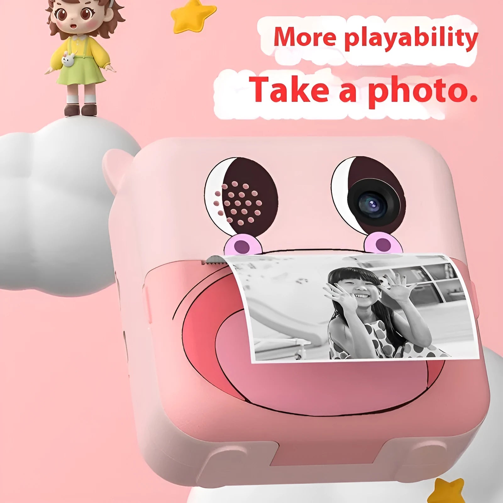 Portable thermal printing camera in pink and blue with ABS body and compact dimensions 102.5 x 59.07 x 79.43 mm