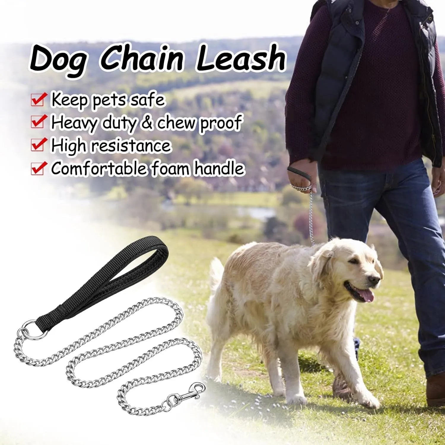Heavy duty metal dog leash with soft black padded handle and silver chain, shown in red colour variant.