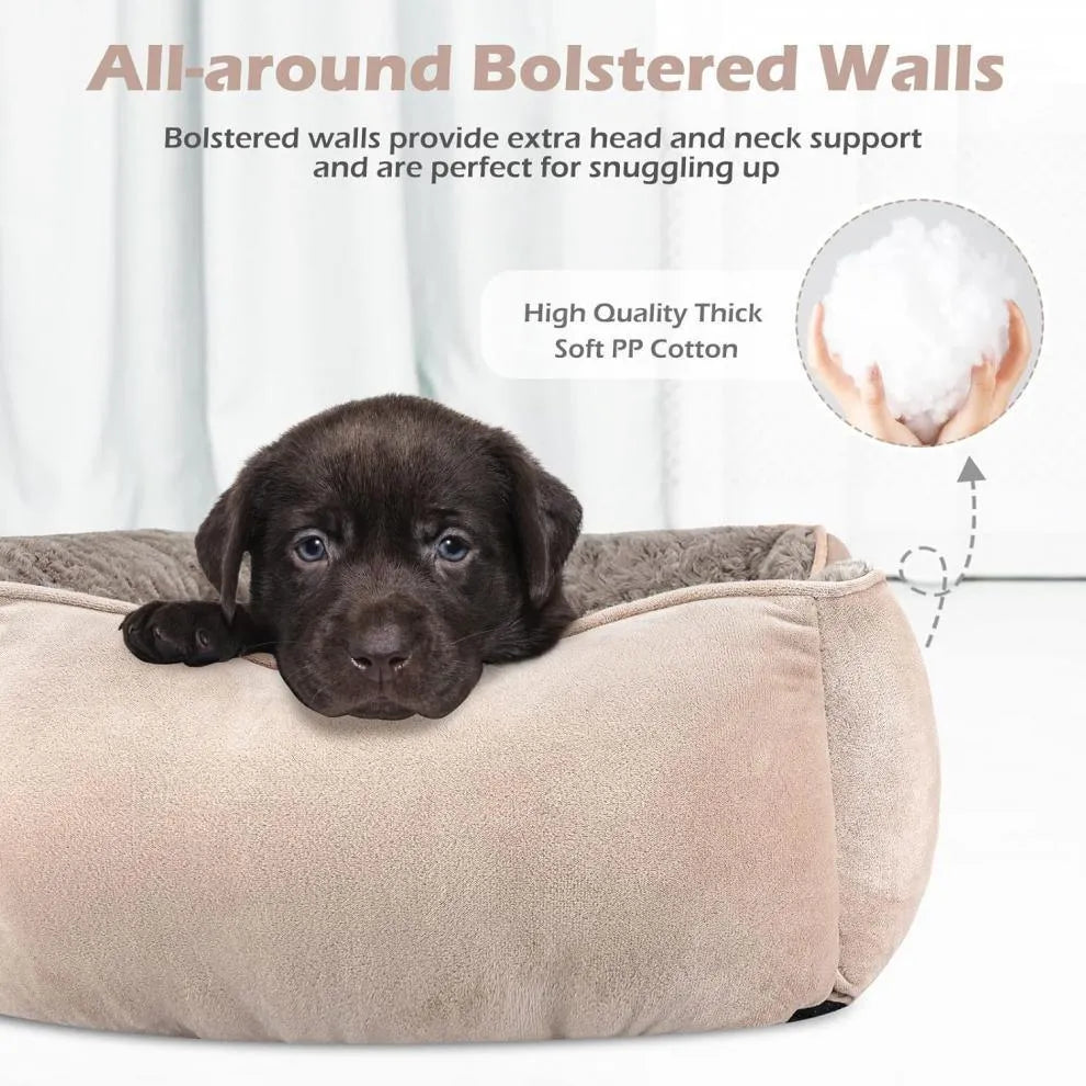 Golden Retriever stuffed enclosed pet kennel dog bed in beige, showing raised bolster edges and nest design.