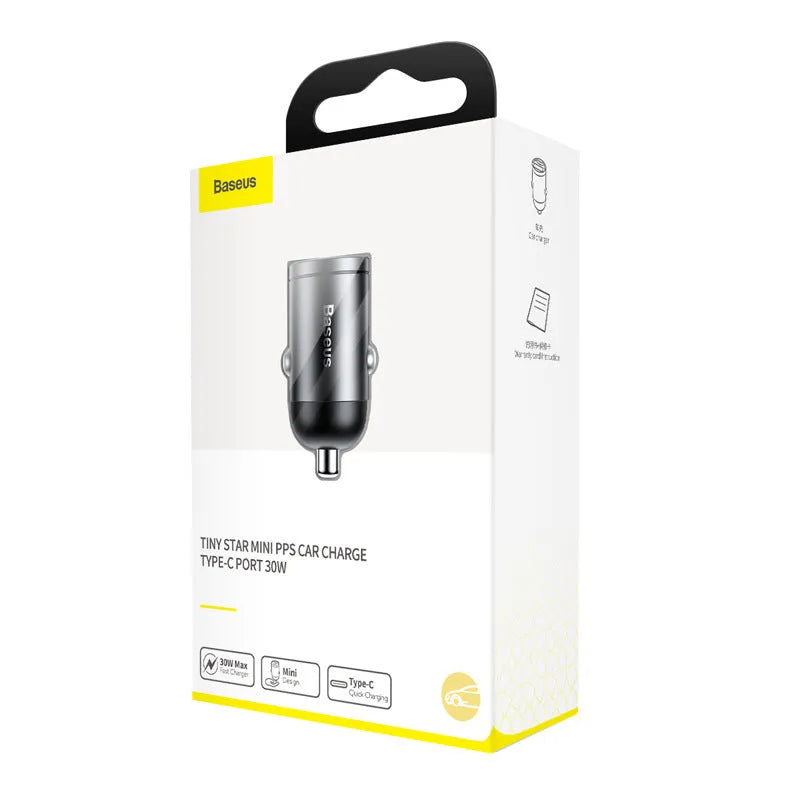 Baseus grey single port 30W PPS fast car charger with 1 metre USB cable