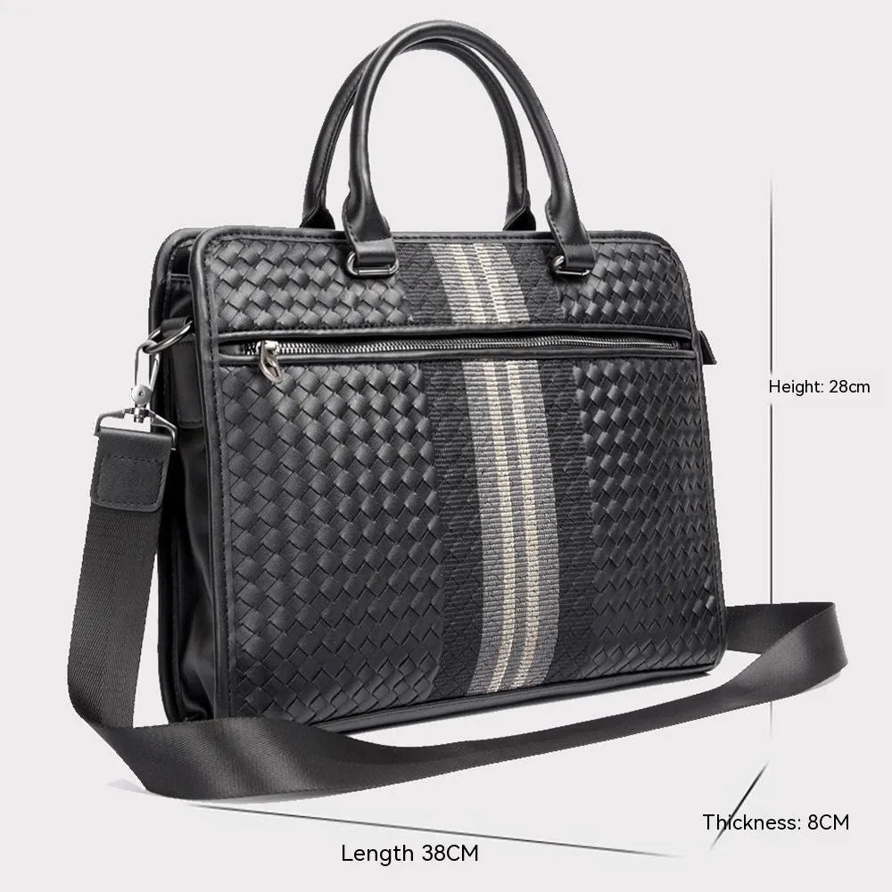 Men's stitching woven business casual briefcase in black PU leather with shoulder strap, solid colour design