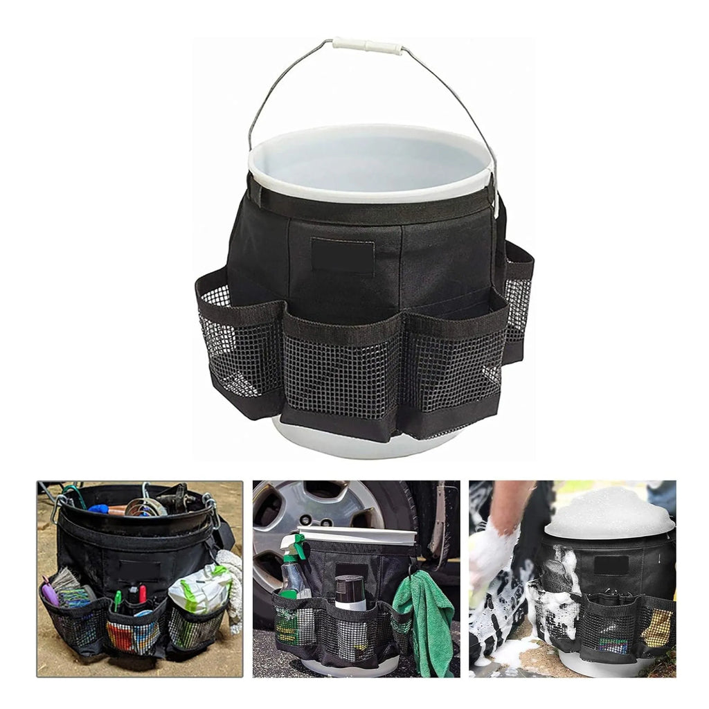 Black cylindrical polyester storage bag hanging on a 5 gallon barrel for organising tools.