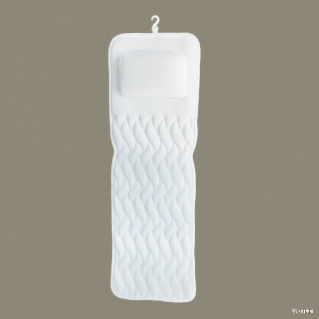 White bathtub pillow with mesh design and suction cups on underside