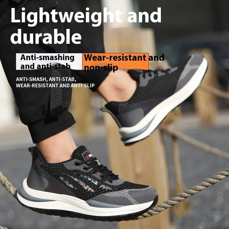 Men's black and grey anti-smash electrician safety shoes with plastic toe and lace-up closure