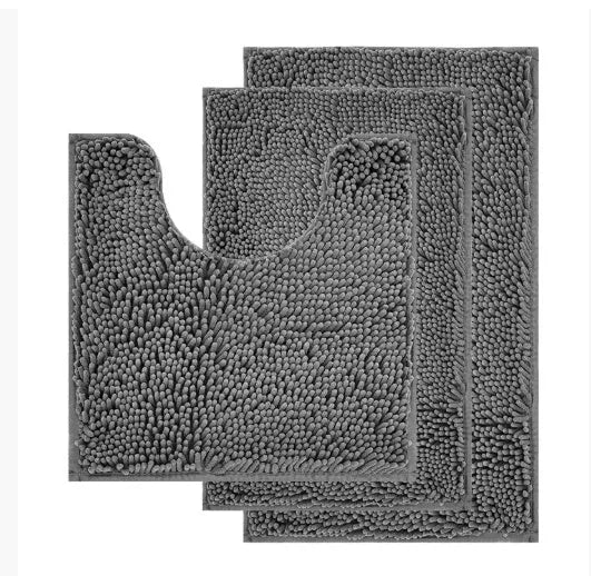 Three-piece chenille toilet mat set in green with a U-shaped piece, rectangular mats, and TPR anti-slip backing.