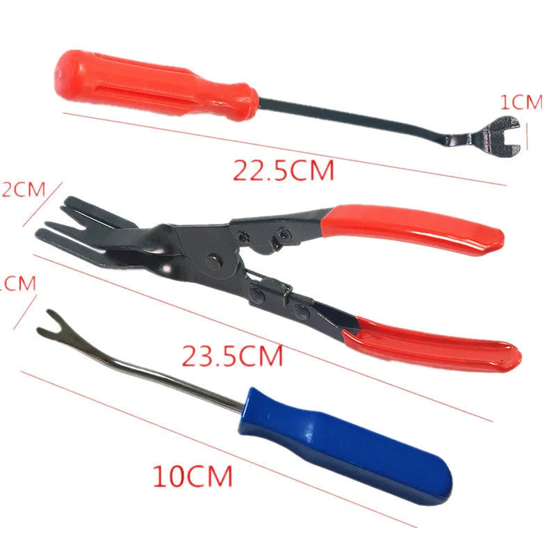 Red-handled steel automotive panel removal pliers for General Motors door clips.