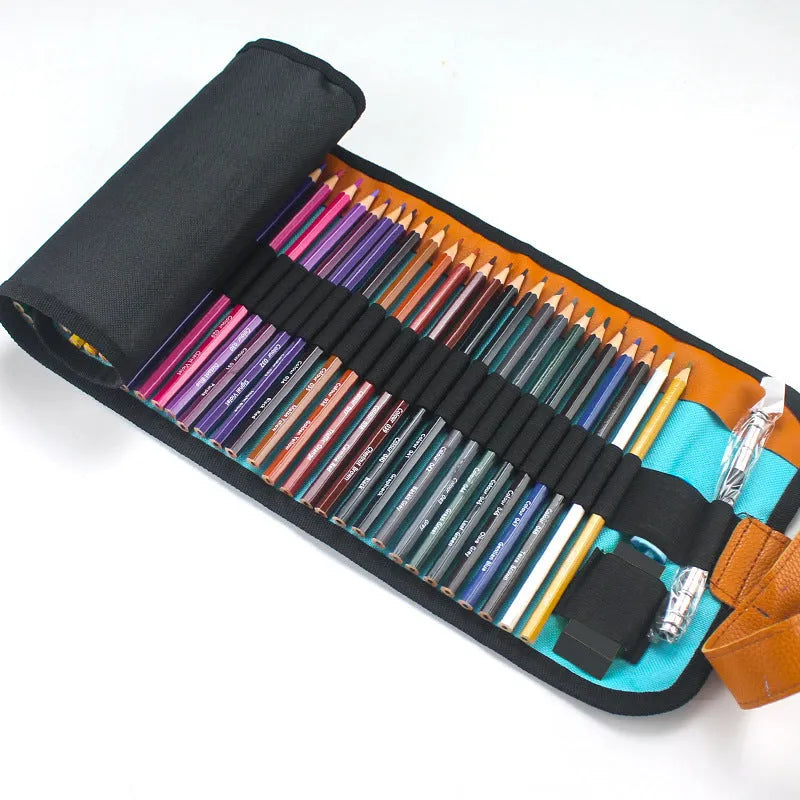 Set of 50 wooden coloured pencils in a rectangular wooden storage case with the lid open.