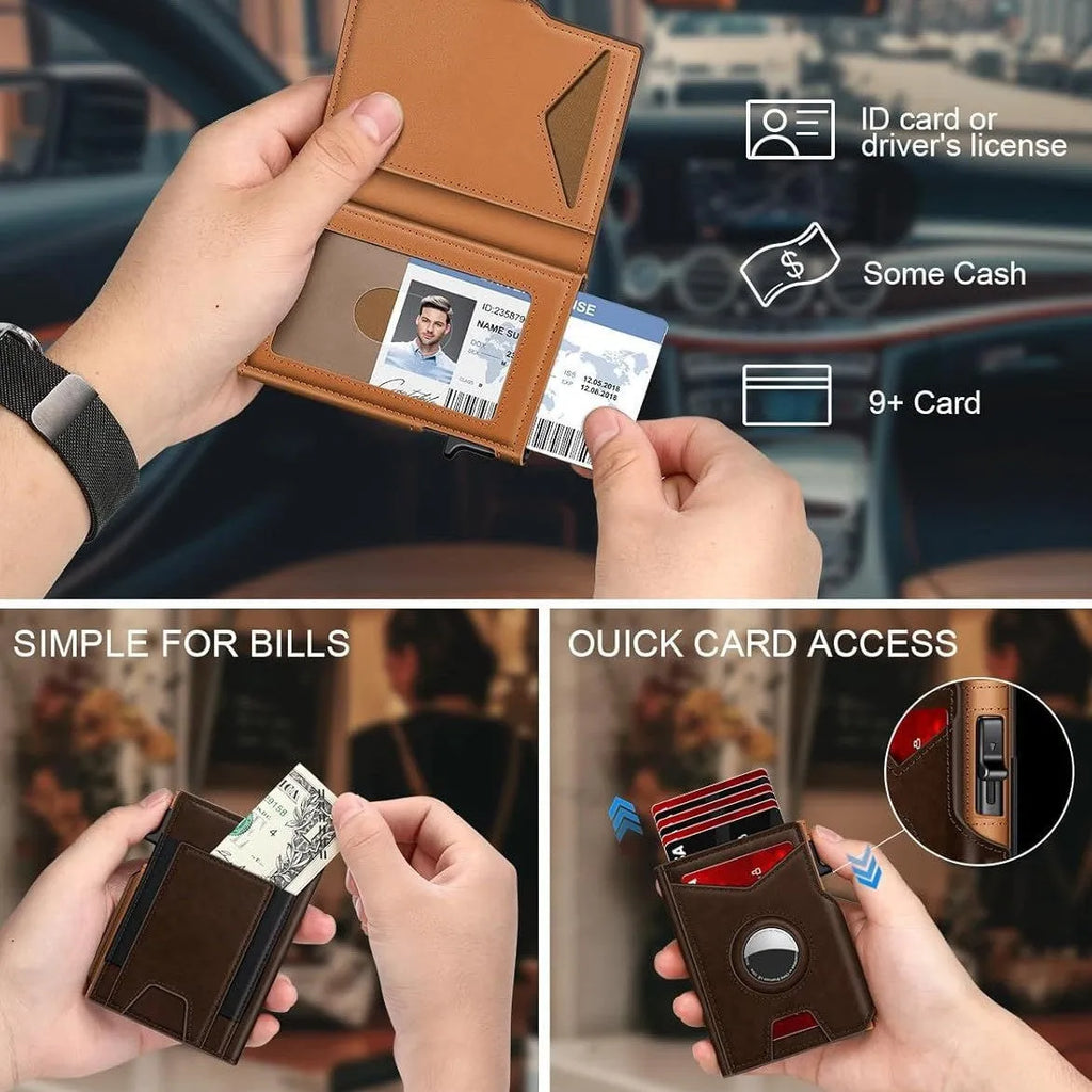 Men's dark brown RFID anti-theft card bag with brushed aluminum alloy plate and microfiber finish, compact size