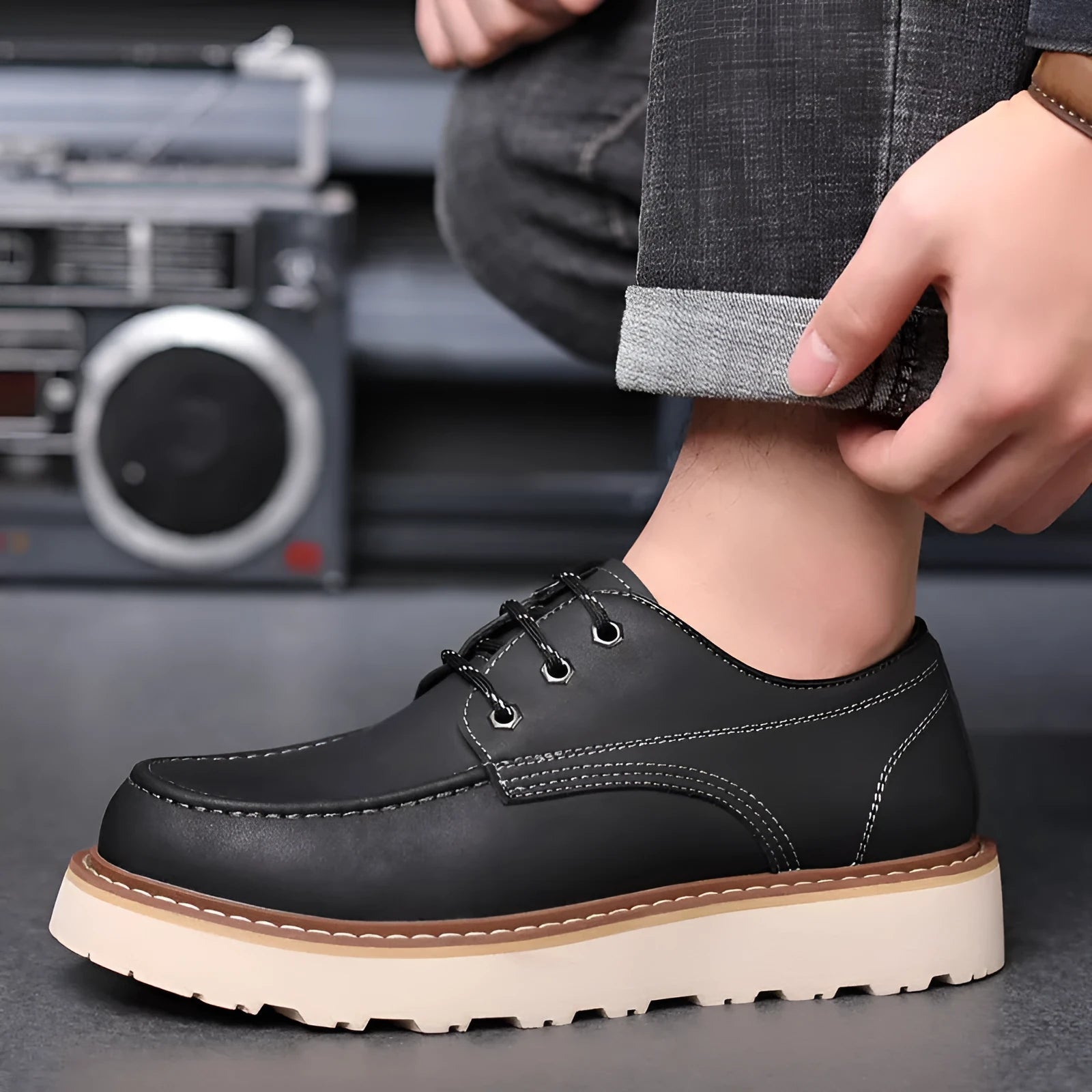 Men's black low-top retro casual boots with rubber soles and round toe, British worker style