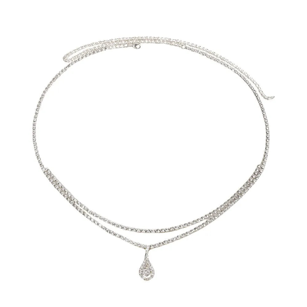 Gold rhinestone waist chain with water drop pendant and tassel on white background
