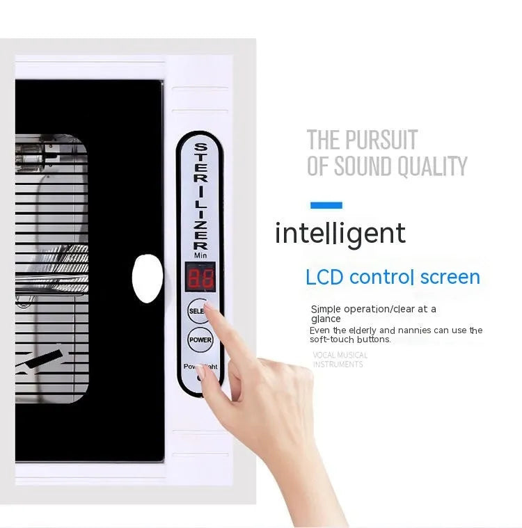 Small silver ultraviolet steriliser cabinet with stainless steel interior for salon tool hygiene