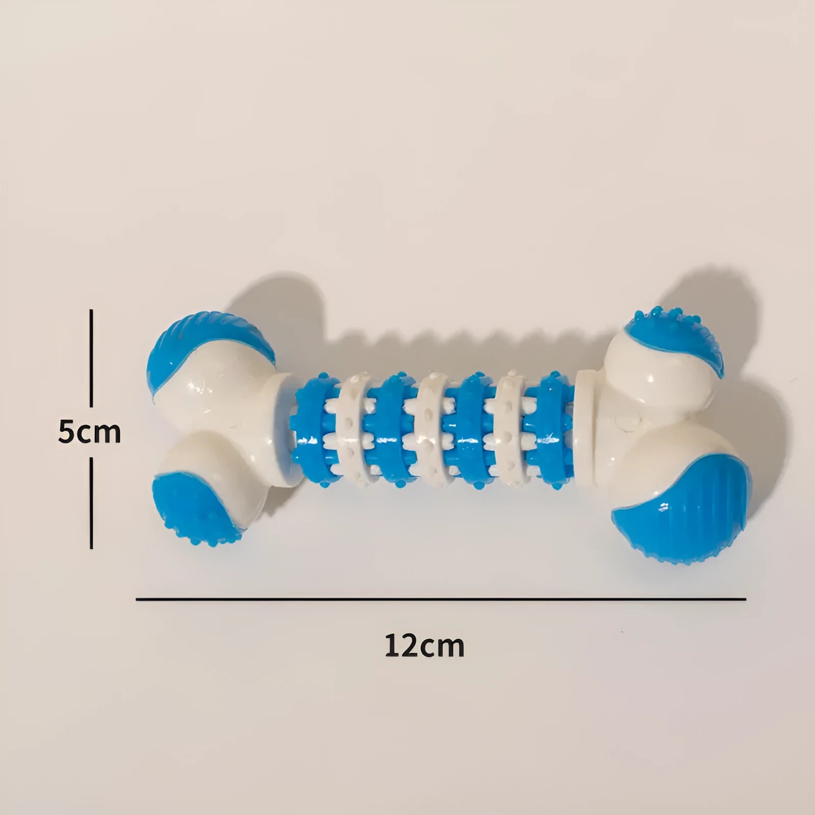 Blue bone-shaped interactive dog toy for small breeds with treat holder in centre