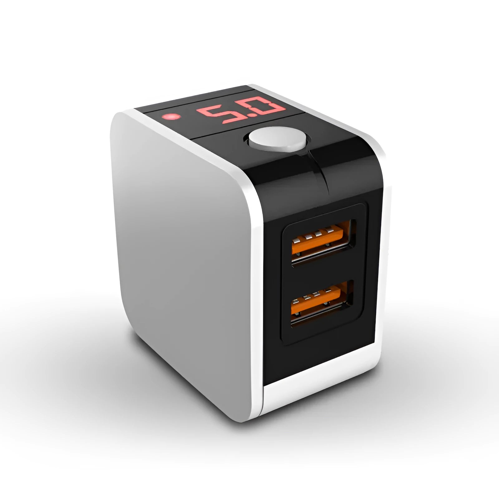 Black 5V2.4A dual USB travel charger with digital display showing a European standard plug