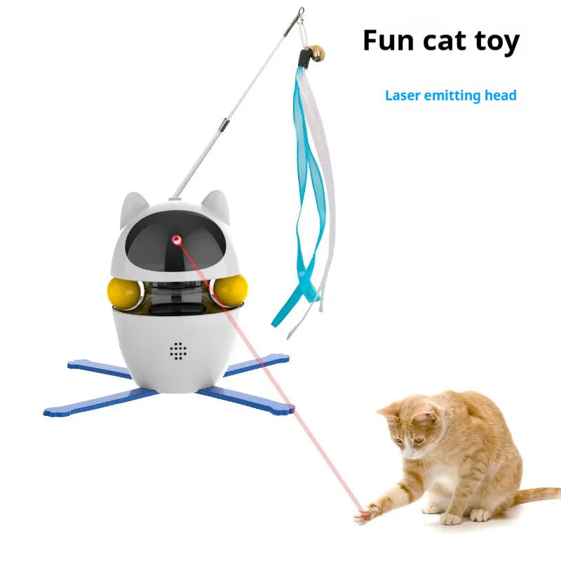 White automatic electronic cat toy with elastic rope and funny stick attachment for indoor feline play