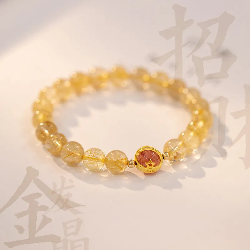 Citrine and gold rutilated quartz crystal bracelet in Korean style with diamond shapes