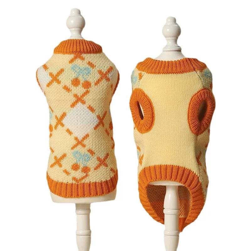 Orange cherry diamond pattern cat sweater for autumn winter warmth in S M L XL sizes