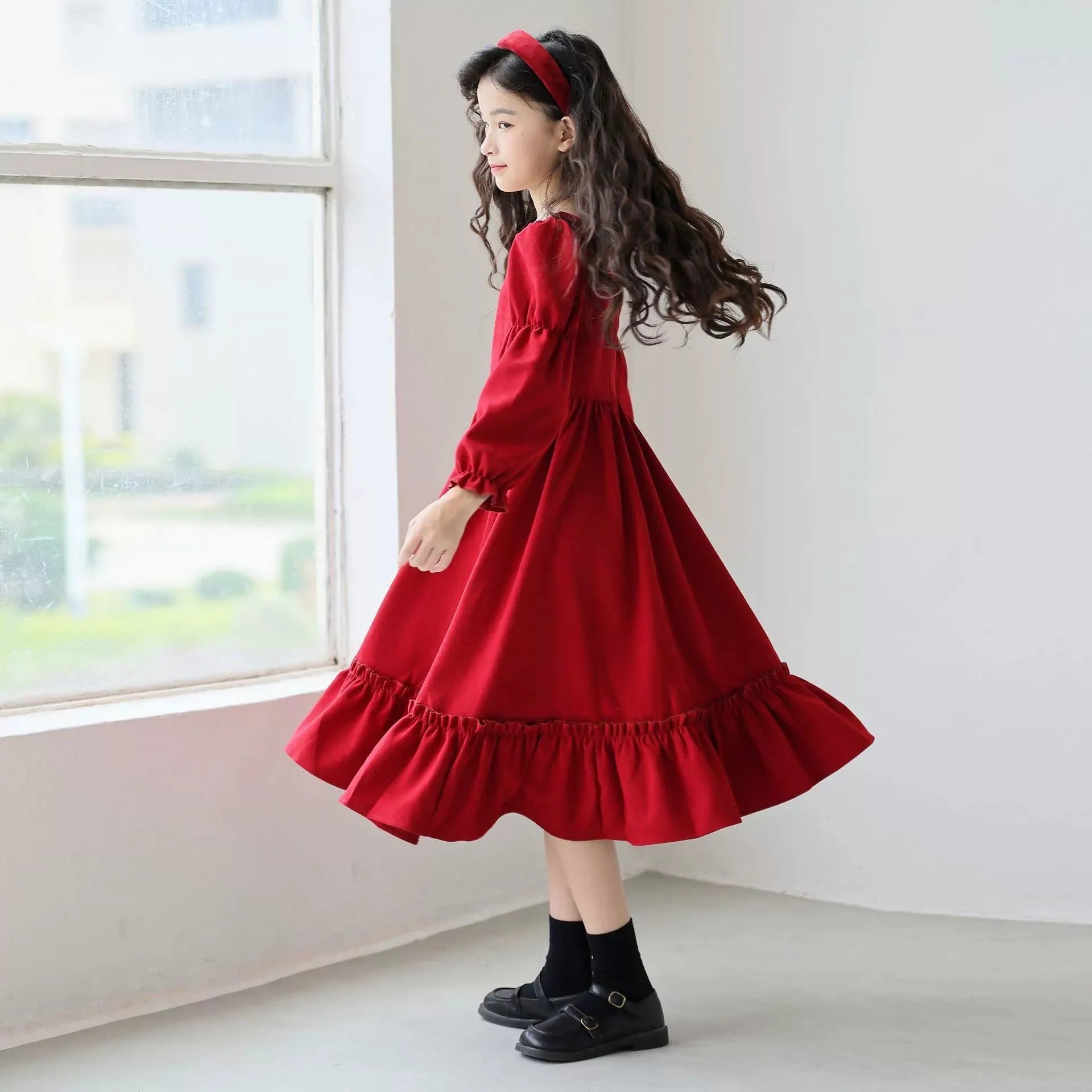 Girl's long sleeve solid colour red dress with square neckline and flounce skirt, polyester fabric