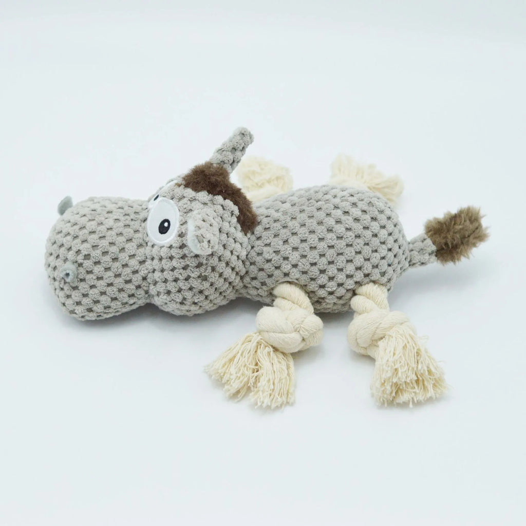 Grey plush donkey dog toy with squeaker measuring 27cm long
