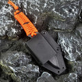 Camping knife with straight blade and rope bound handle showing ABS sheath
