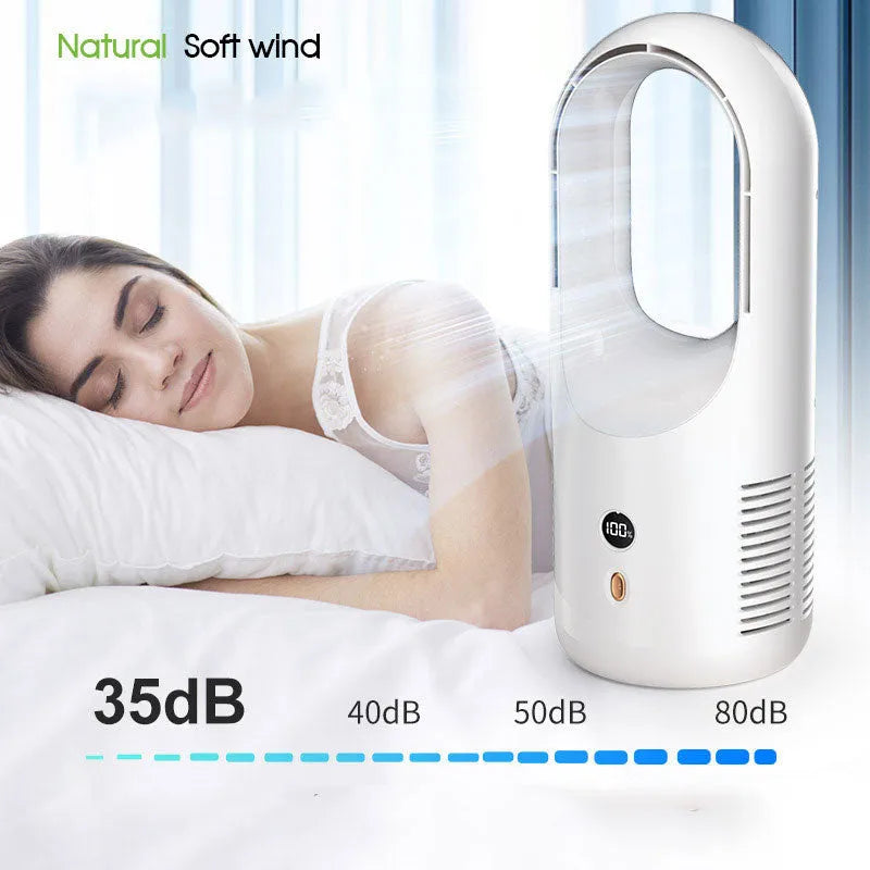 White bladeless electric desk fan with LED display on a desk, showing portable USB rechargeable design.