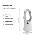 White bladeless tower fan with touch screen display and remote control on a desk.