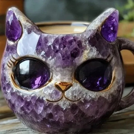 Pastel coloured resin geode mug with an embedded crystal-style cat figurine.