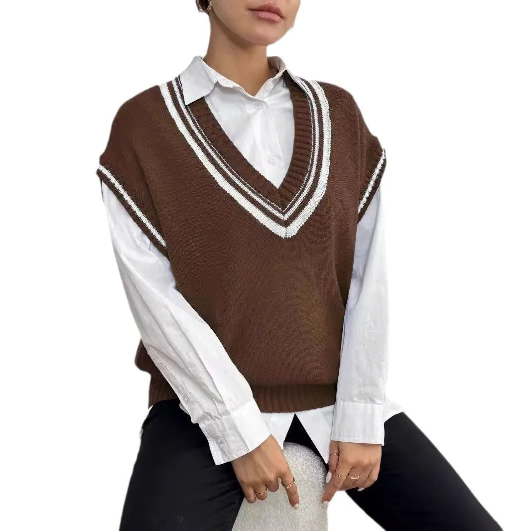 Women's loose fit wool vest sweater in blue coffee black colours with European American sizing