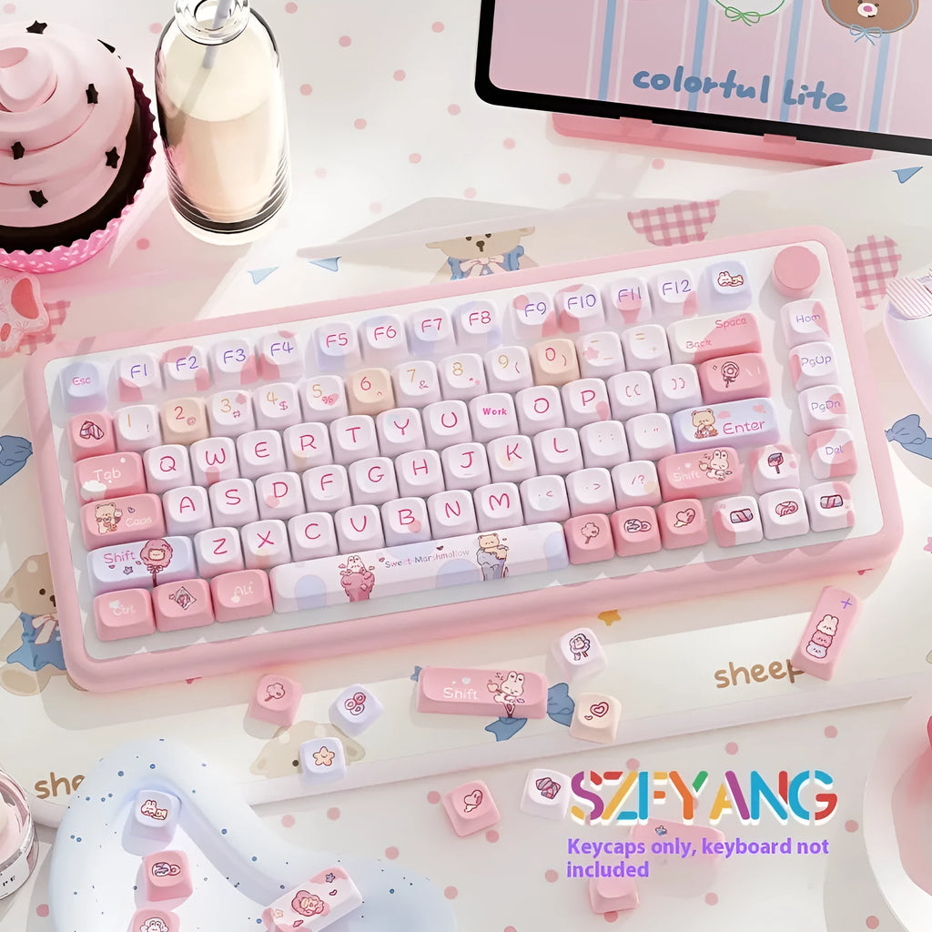 Sweet cotton candy coloured mechanical keyboard keycap set in pastel pink and white, shown in packaging.