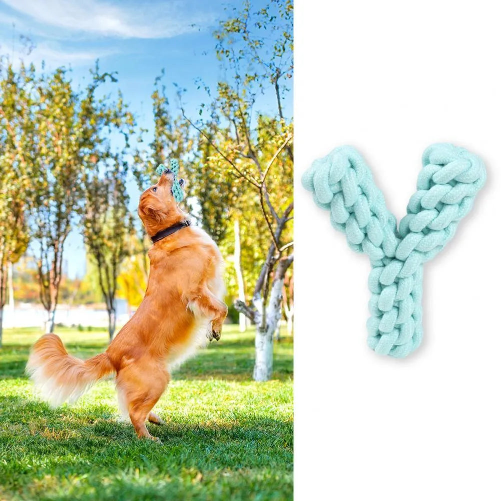 Blue Y-shaped cotton rope dog toy for large dogs on a plain background.