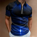 Men's blue lapel short sleeve zipper polo shirt with printing, loose fit.