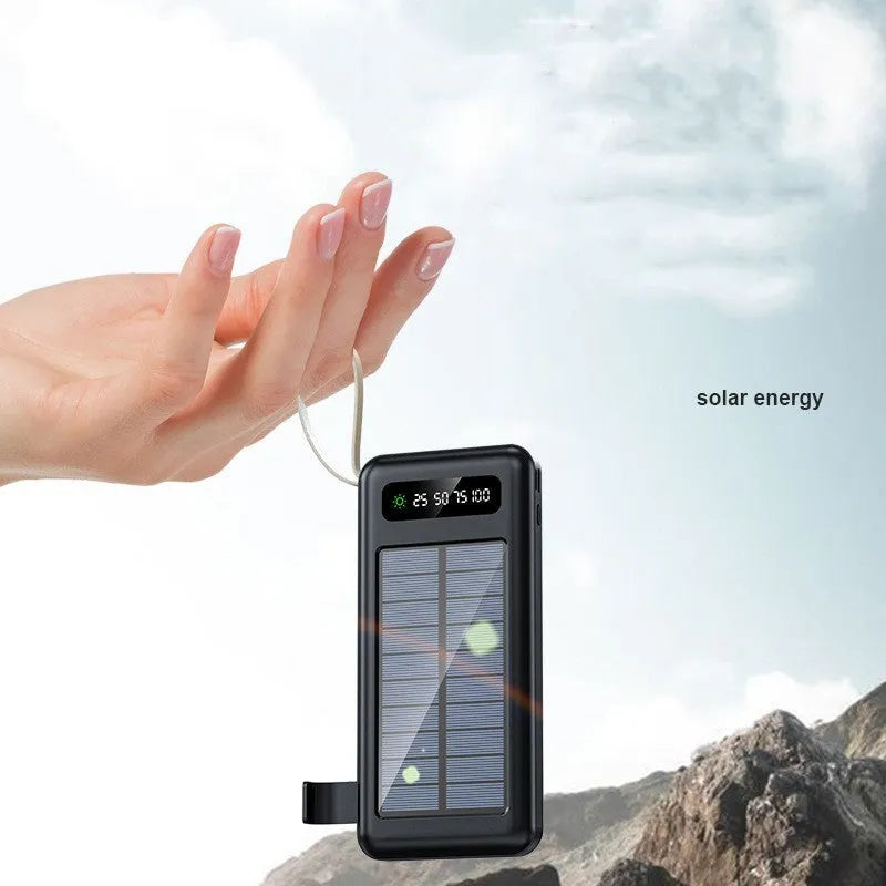 Solar power bank in black or white, showing its compact size and data cable.