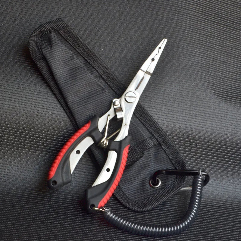 PE39 stainless steel multifunctional fishing pliers with straight mouth, hook, and blue plastic handles.
