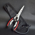 PE39 stainless steel multifunctional fishing pliers with straight mouth, hook, and blue plastic handles.