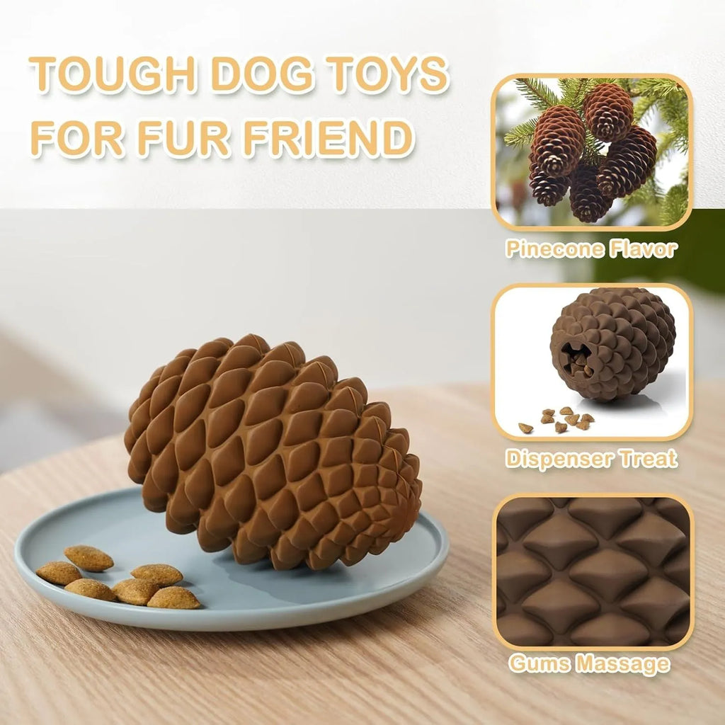 Yellow pine cone shaped natural rubber dog toy with treat dispenser hole