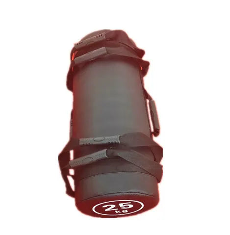 Flat white PVC fitness sandbag for weight lifting and strength training, shown with weight options.
