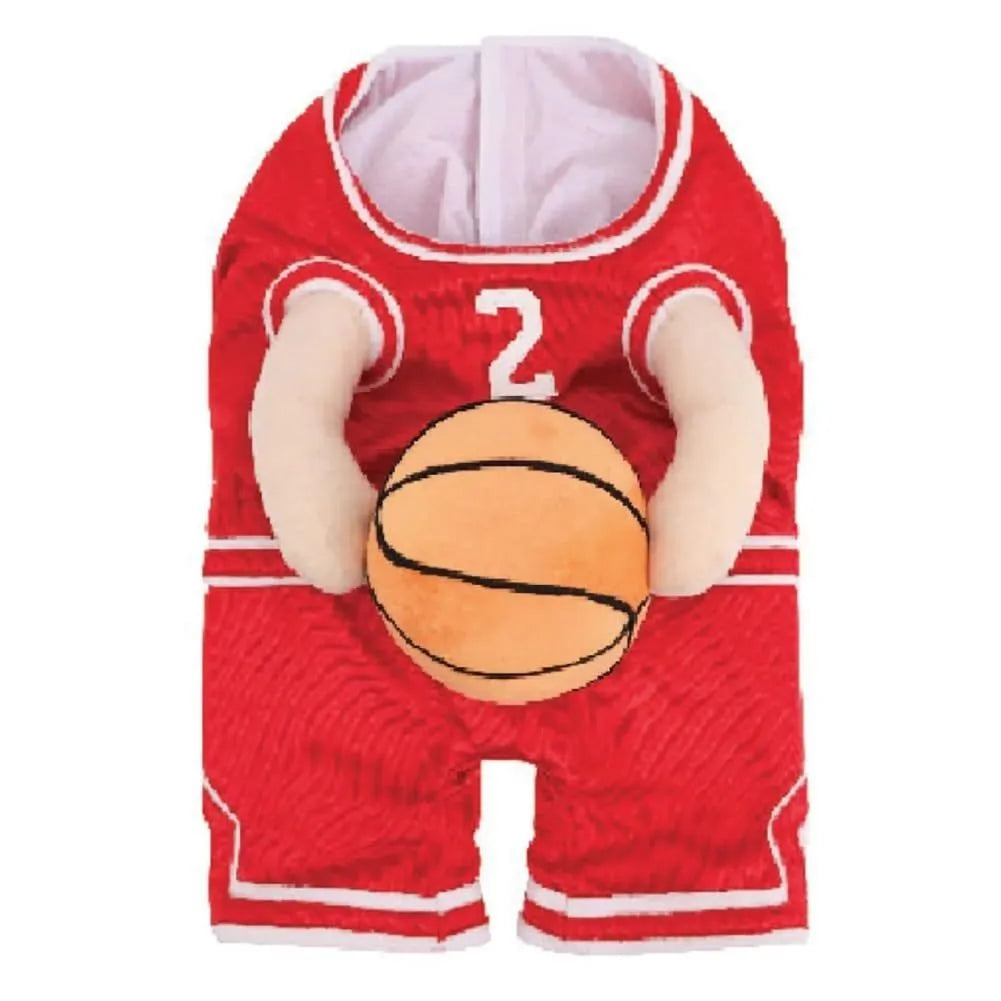 Red or yellow basketball jersey costume for a dog, shown with a matching basketball accessory.
