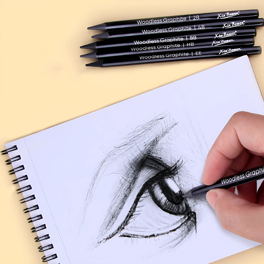 Set of six wood-free graphite sketching pencils with grades HB 2B 4B 6B 8B EE for art.