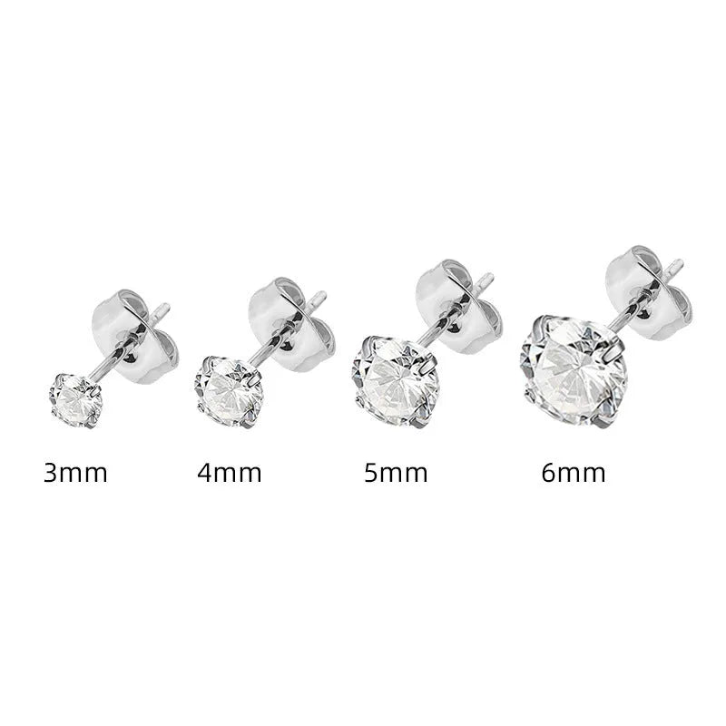 Titanium steel square geometric zircon stud earrings in gold or steel finish with multiple stone sizes
