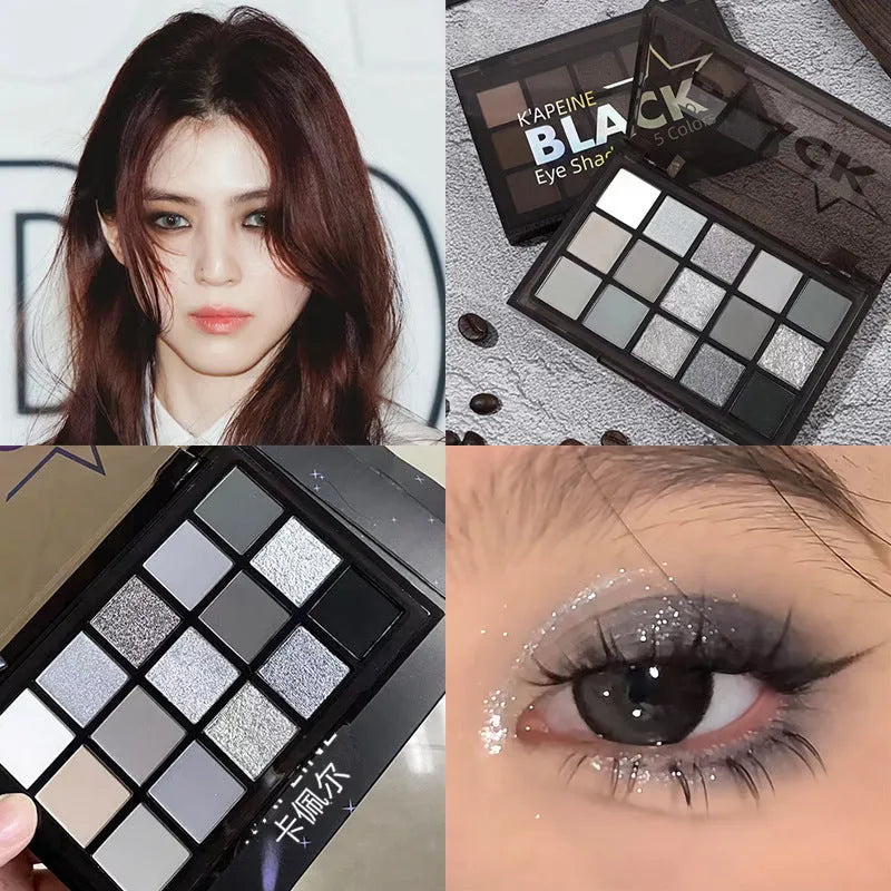 15-colour eye shadow palette with earthy tones and cartoon designs showing shimmer matte finishes