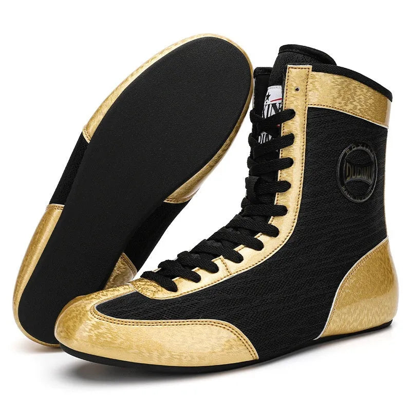 Professional boxing wrestling shoes in black gold mesh and white leather for indoor training