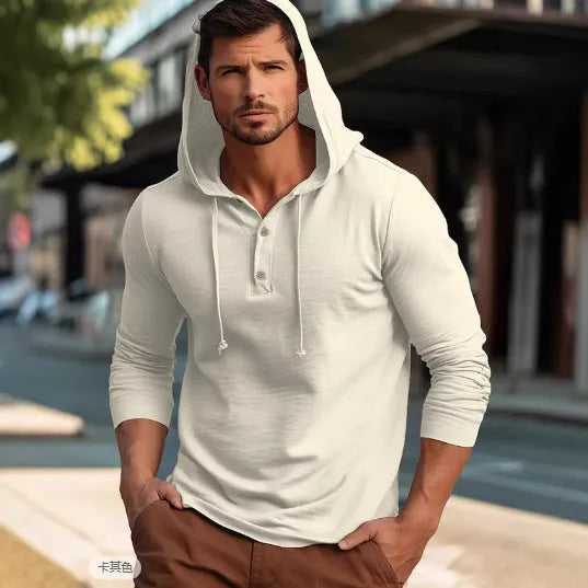 Men's cotton pullover hoodie in dark blue, apricot, black, blue, white or light green colours with long sleeves