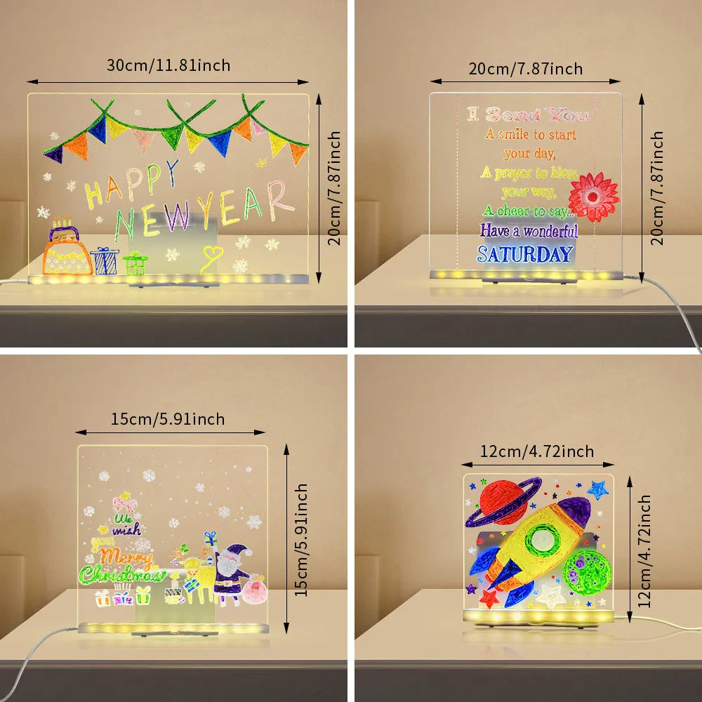 Transparent acrylic reusable LED drawing board with USB light and adjustable stand, showing rainbow drawing