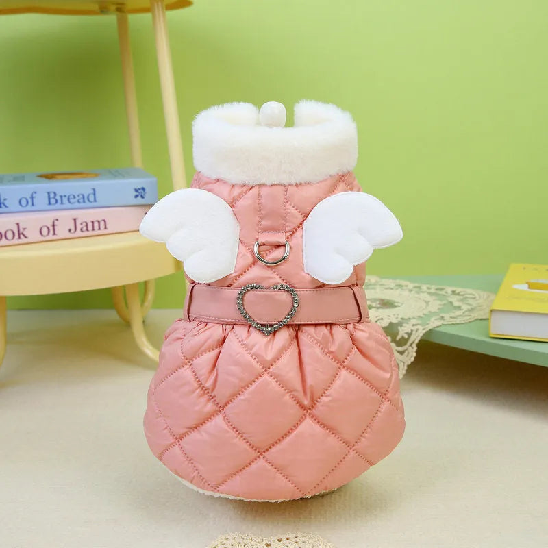 Small dog wearing pink polyester skirt with casual design and thickened construction