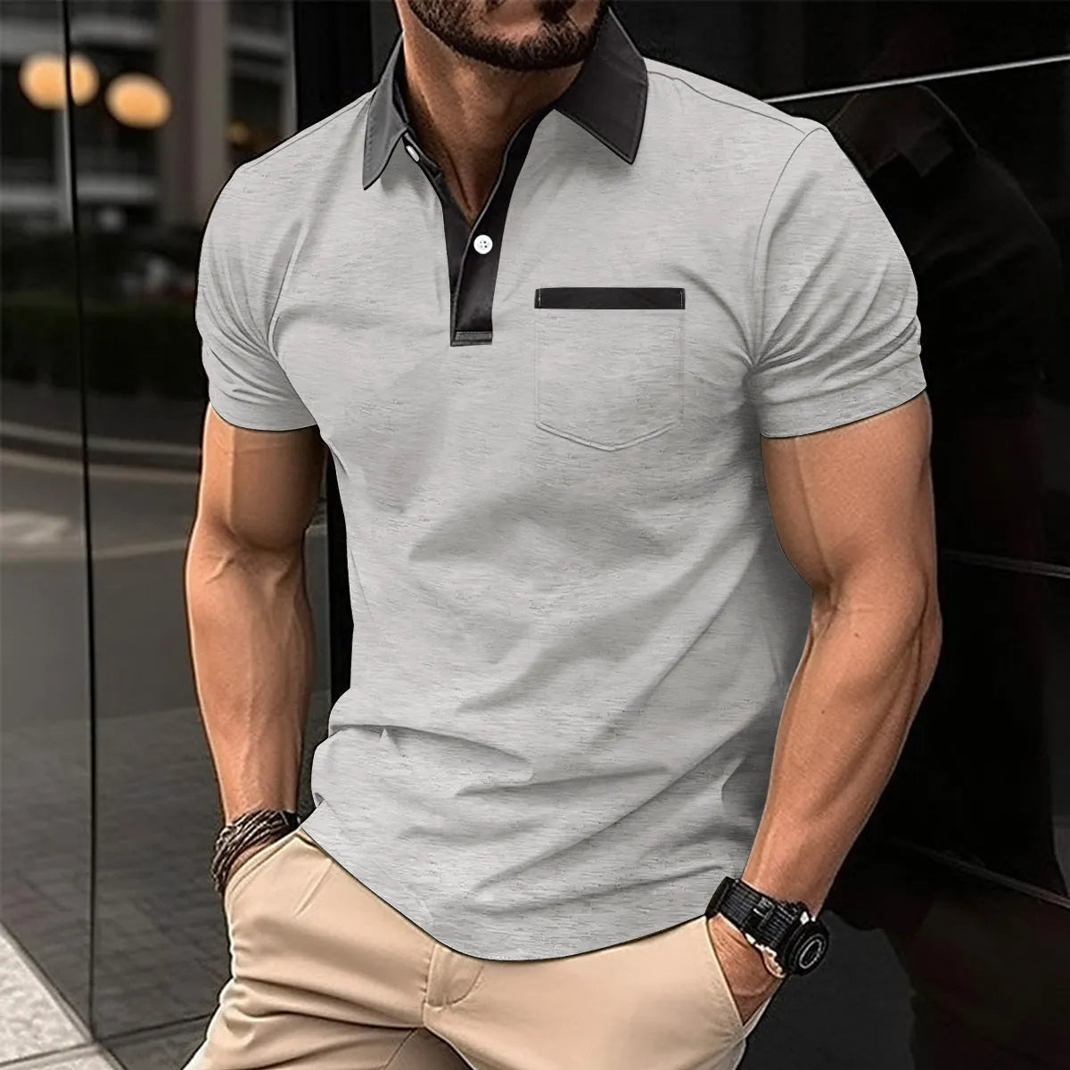 Men's cotton blend short-sleeve slim-fit polo shirt in navy blue with chest pocket, front view